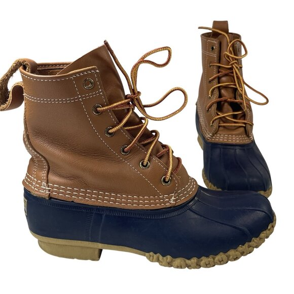 LL Bean Duck Boots Womens 7 Brown Leather Blue Rain Shoes Outdoor Nature Hiking - Picture 1 of 14